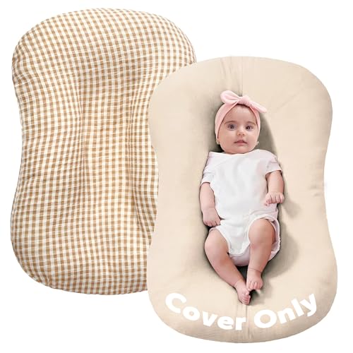 FUNUPUP Muslin Baby Lounger Cover Only Compatible with Snuggle Me Lounger, Infant Pillow Cover for Newborn, Removable Nest Slipcover for Boys and Girls, Only Cover, Beige and Plaid