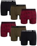 Lucky Brand Mens Boxer Briefs - 6 Pack 6'' Inseam Soft Cotton Boxers for Men - Stretch Mens Underwear Boxer Briefs, Size Medium, Jet Black/Tibetan Red Print/Dark Olive Heather