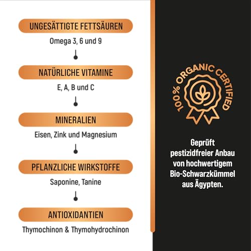 Schwarzkümmelöl Bio kaltgepresst ungefiltert 500ml Kümmelöl – Ägyptisches Black Seed Oil mit hohem Thymochinongehalt (4600 mg/1000 ml), keto & vegan aus deutscher Ölmanufaktur