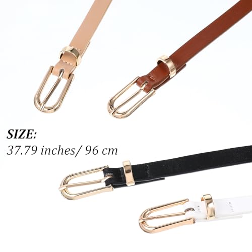 4 Pack Women Skinny Leather Belts for Jeans, Thin Waist Belt with Metal Buckle for Ladies, Dresses, Pants (39 Inches, White, Black, Cream Color, Coffee)2