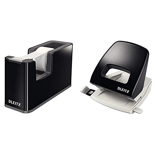 Leitz, Klebeband-Tischabroller, Fester Stand, Inkl. Beschriftbarem Klebeband, Schwarz/Anthrazit, WOW, 53640095 & Locher, 25 Blatt, Anschlagschiene mit Formatvorgaben, Metall, NeXXt, Schwarz, 50050095