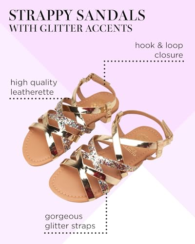 Image of Vince Camuto Girls' Sandals - Open Toe Summer Strappy Flat Dress Shoes with Glitters and Secure Hook and Look Closure