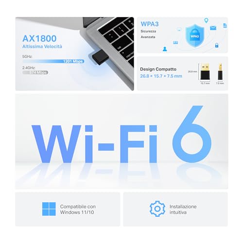 TP-Link Archer TX20U Nano Adattatore USB Scheda di Rete, Wi-Fi 6 AX1800 Mbps, Dual Band, OFDMA, MU-MIMO, WPA3, Nano Size, Compatibile con Windows 11/10 - Immagine 1