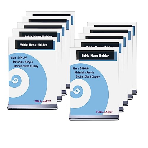 TUKA 10x A4 Menu Soporte Doble Cara, Forma de T con Base, Soportes de Sobremesa para Carteles, Menús, Promociones, Porta Carteles. T Expositor de Mesa, Acrílico Transparente, Vertical TKD8205-A4-10x