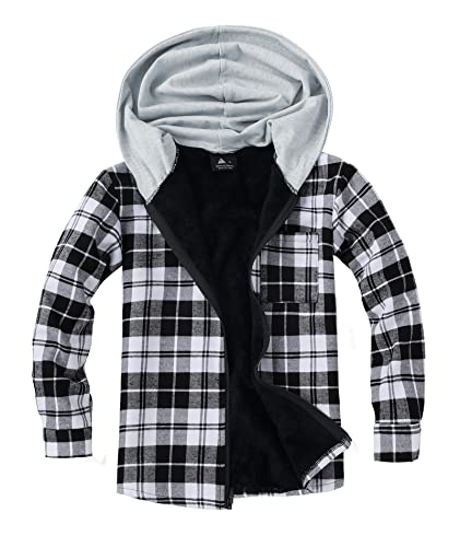 V VALANCH Boys' Full-Zip Fleece Sweatshirts, Flannel Plaid Shirt Jacket, Kids Youth Full Zip Hooded Sweatshirt(White,L)