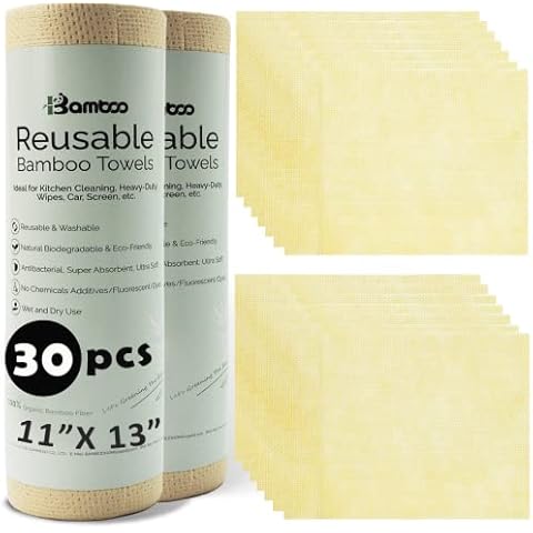 Bamboo Reusable Paper Towels 60 Sheets Washable Roll Lint Free | Zero Waste | Recyclable | 11"×13" Cover