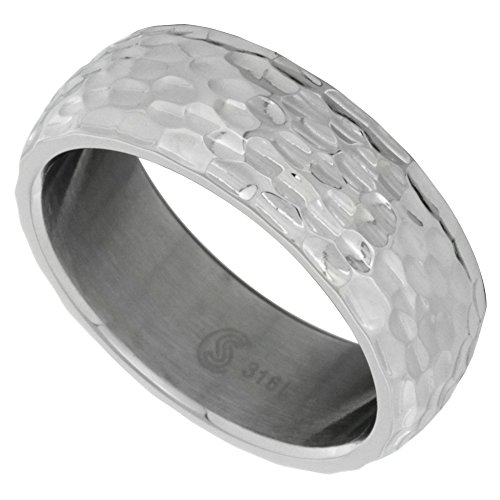 Surgical Stainless Steel 8mm Hammered Wedding Band Ring Domed Comfort-Fit, Size 9