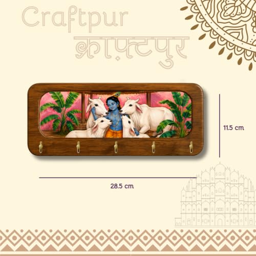 Image of Stylish Wooden Key Holder for Wall | Cute Key Holder for Home Decor | Key Holder Stand with 5 Hooks | Wall Mounted Key Hanger| (Krishna Ji Cow)