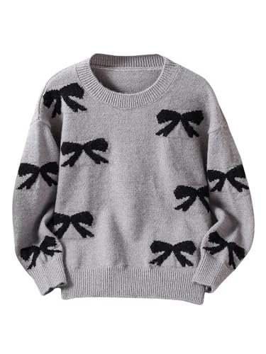 Image of BEAUDRM Girl's Cute Bow Sweater Crew Neck Long Sleeve Drop Shoulder Loose Pullover Tops