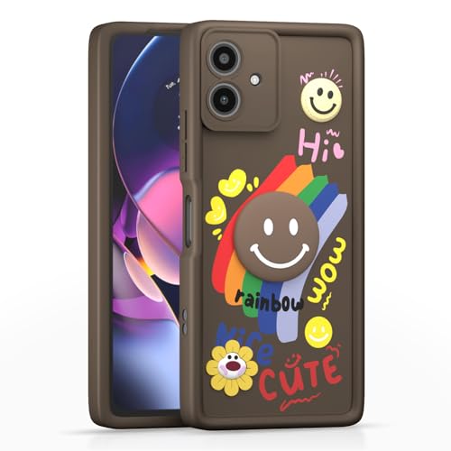 Image of Pikkme Back Cover for Motorola Moto G54 5G / G64 5G | Soft Silicone| Cute Rainbow Smile & 3D Cartoon Flower Design | Shockproof Raised Camera Protection Bumper Case (Brown)