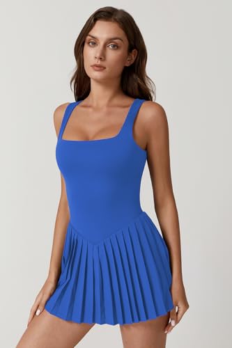 Image of QINSEN Womens Square Neck Tennis Dress Pleated Sleeveless Built in Shorts Golf Athletic Dress with Pockets