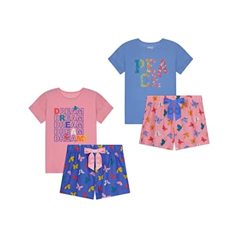Sleep On It Girls Pajamas Short Sets 4 Piece Tank Top and Short Sleeve Summer Sleepwear for Kids (2 Full Sets) (14-16, Light Pink-Blue) Cover
