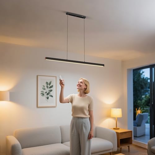 UISEBRT Moderne Pendelleuchte Schwarz 100cm, LED Hängeleuchte Hängend für Wohnzimmer, Deckenlampe Hängend 36W, Höhenverstellbar bis 115cm, Esszimmerlampe, Linear Design - Dimmbar