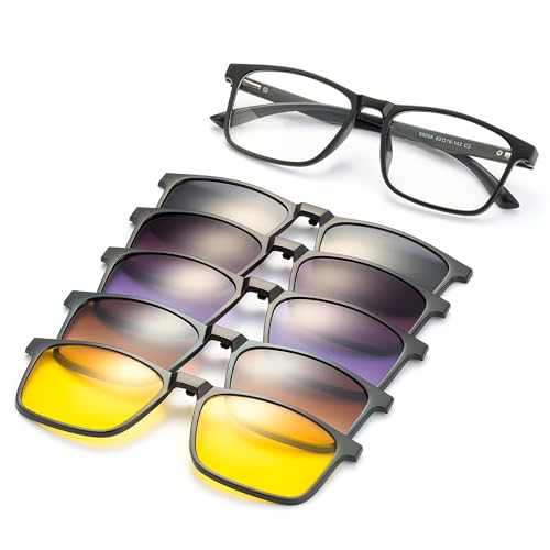 JIM HALO Magnetic 5Pcs Polarized Clip-on Sunglasses Plastic Square Frame for Night Driving