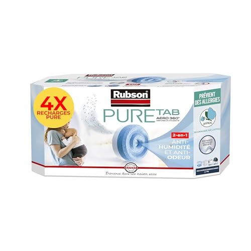 Rubson Recharges Pure Tab pour absorbeur d'humidité AERO 360° (4 x 450 g) – Recharges neutres anti-humidité & anti-odeur pour déshumidificateur –...
