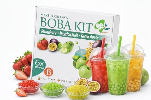 Bobo4T Bubble Tea SET B Erdbeer- Grüner Apfel- & Passionsfrucht Bobas + Fruchtsirup | Komplett Set für 6 Drinks | Einzeln verpackt für maximale Frische | Jasmin Grüner Tee Pulver