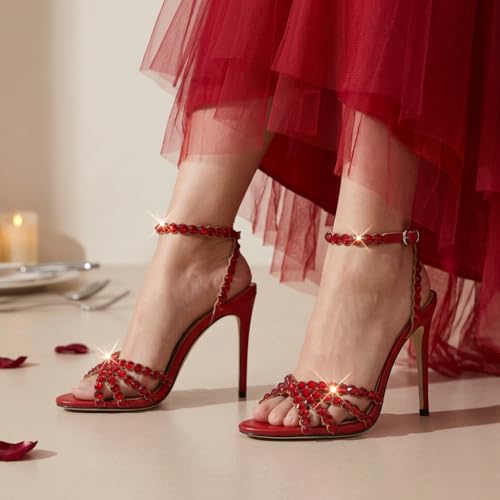 Image of HOCHFART Women's Rhinestone Stiletto High Heels Buckle Strappy Heeled Sandals Round Toe Sexy Dressy Pumps Shoes
