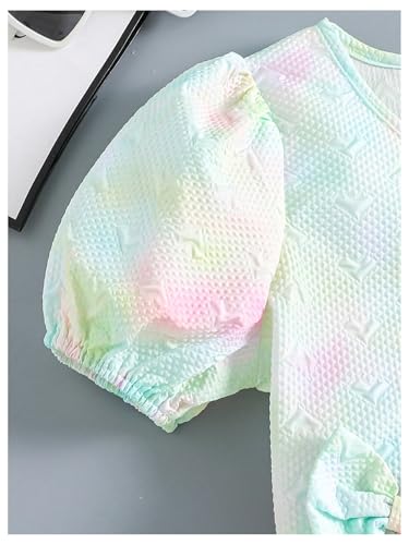 Image of MakeMeChic Girl's 2 Piece Outfit Tie Dye Bow Puff Sleeve V Neck Crop Tops and Pleated Shorts Set