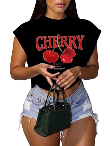 WDIRARA Womens Plus Size Cherry Letter Graphic T-Shirts Crew Neck Dolman Sleeve Crop Top Black Red 3X-Large Plus