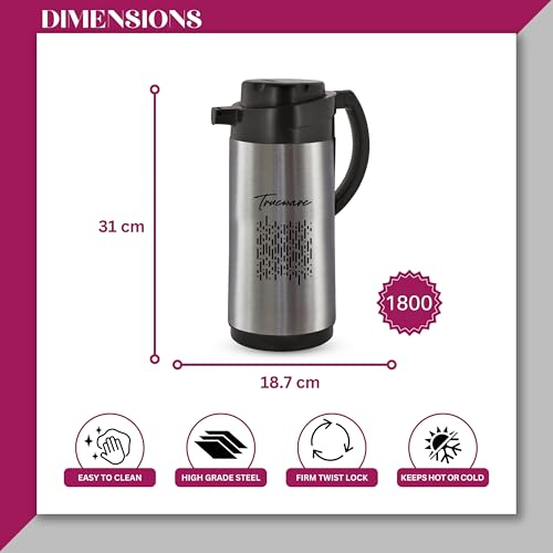Image of Trueware URBAN1800 SS Insulated ISI Certified Flask - 1500ML,Tea Pot Kettle Water Jug | Hot & Cold | Leak-Proof Lid | Thermoware | Food Grade | High Grade Stainless Steel | Anti Finger Print Coating