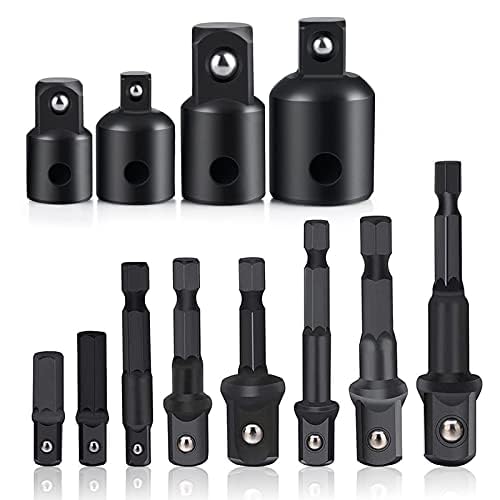 12 Pieces Set Impact Drill Socket Adapter, 1/4 3/8 1/2 Hex Shank Adapter Reducer with Extension Set Impact Driver Conversions, Active Rust Protection by Black-Phosphate Coating Treatment
