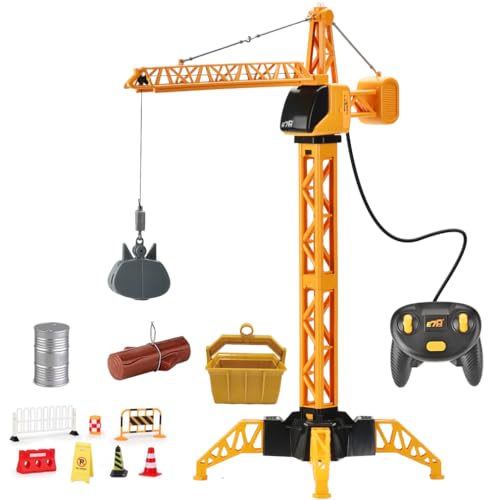 28-Inch RC Construction Tower Crane Toy for Kids, 4 Channel Remote Control Crane Toy with LED Light, Grabber, Log, Lifting Basket, 360° swivel, STEM Educational Learning Toys for Boys Ages 3 and Up