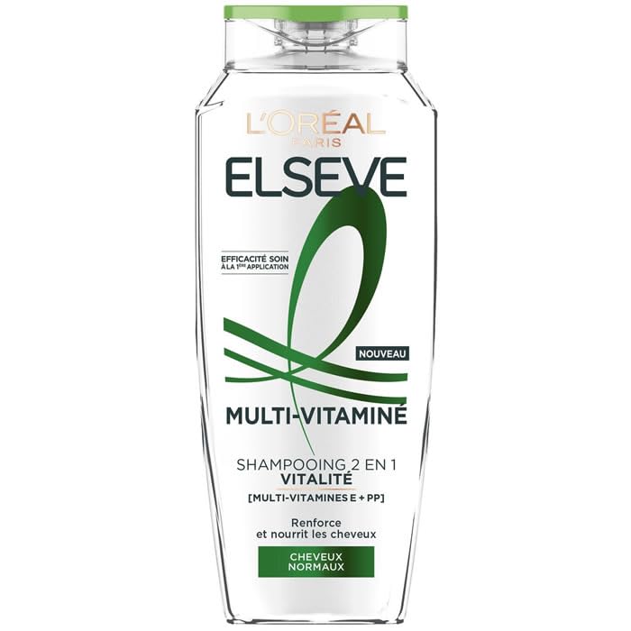 Shampoing 2en1 Elseve Multi-Vitaminé vitalité soin cheveux normaux flacon de 300 ml