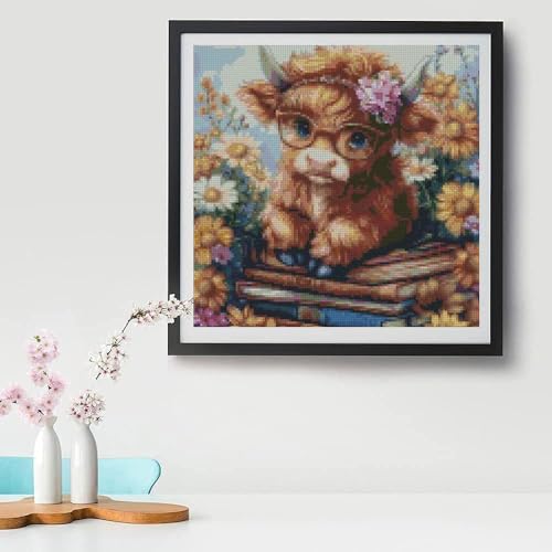 Image of MYBISYMQQ Highland Cow & Sunflower Stamping Cross Stitch Kit, 11CT Embroidery Starter Kit for Adult Beginners, Needlepoint Craft for Home Decor, 13.7 x 13.7 Inch
