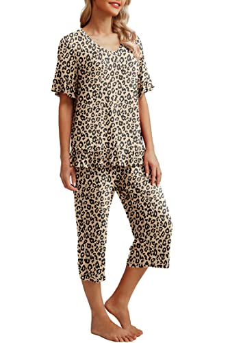 Prinstory Womens Pajama Set Short Sleeve Shirt And Capri Pants Sleepwear Pjs Set With Pockets Fp-Ld Khaki-L #TOP3