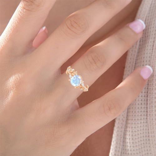 Real 10K 14K 18K Gold Natural Moonstone Ring for Women,925 Sterling Silver Genuine Round Moon Stone Gemstone Rings with Moissanite Engagement Wedding Rings Jewelry Gifts for Mom Nana Wife3
