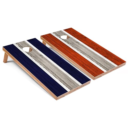 Skip's Garage Navy and Orange Striped All-Weather Cornhole Boards - PVC - Include CASE + Edge Lights