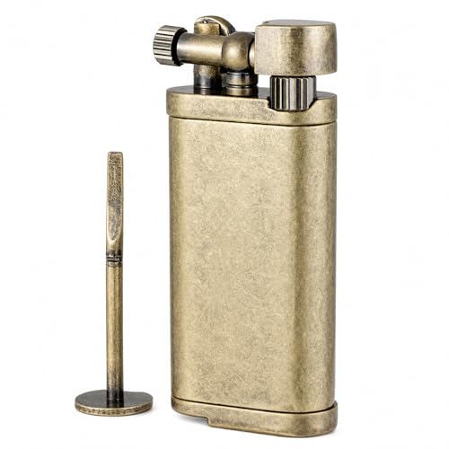 Vintage Lift Gas Pipe Lighter, 45 Degree Angled Soft Flame Butane Refillable Retro Metal Igniter with Built-in Tamper and Pick Tool (Bronze)