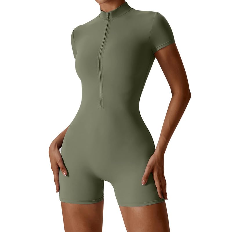 Litthing Mono Deportivo Mujer Corto Ropa Deportiva con Cremallera Elásticos Mangas Cortas Jumpsuit Sexy Ajustado Bodysuit Una Pieza Push Up Fitness Body Overol