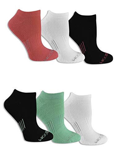 Fruit of the Loom Women's Everyday Active No Show Socks-6 Pair Pack, White/Pink/Black/Green, Shoe Size: 4-10