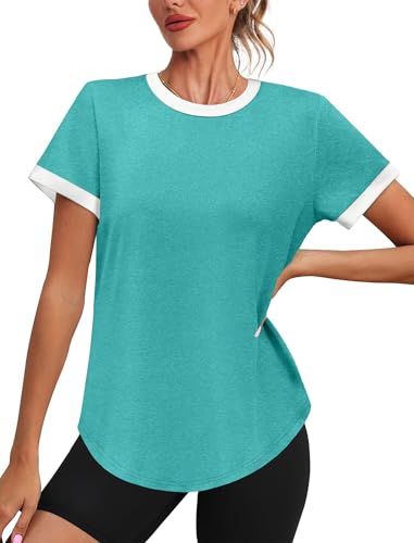 Image of Womens Workout Tops Summer Short Sleeve Shirts Athletic Color Block Gym Clothes Outfits Sun Protection UPF 50+ T Shirts