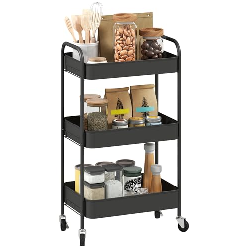 HOMCOM 3-tier Storage Trolley on Wheels, Metal Storage Cart, Rolling Ultility Cart with 3 Mesh Baskets for Living Room, Kitchen, Black
