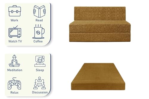 Image of Foldable 1 Seater Sofa Cum Bed, Sofa Bed 3 X 6 Feet, Jute Fabric- Washable Cover- Including One Cushion Perfect for Home & Office - Golden Color