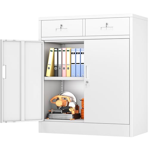 BESFUR Metal Storage Cabinet, Garage Storage Cabinet with 2 Drawers and Adjustable Shelf, Locking Short Storage Cabinet for Office Garage Home, White Metal Cabinets(36" H x 31.5" W x 16" D)