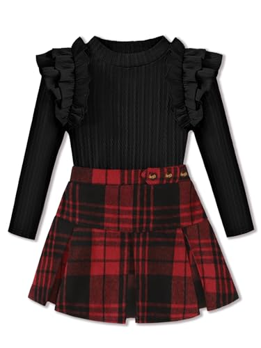 Image of AMAWMW Little Girls Fall Winter Clothes Rib Knit Long Sleeve Shirt Top Plaid Skirt Set Trendy 2 Piece Outfit, Red, 7-8 Years