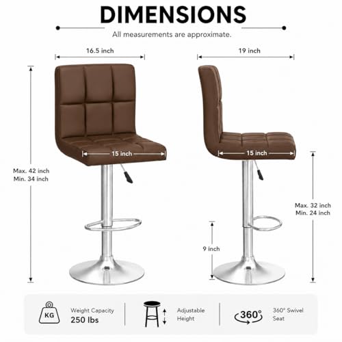 Image of Kemon KaiMeng Modern Adjustable Swivel Bar Stool Chair with Backrest, PU Leather Hydraulic Counter Stool with Footrest for Kitchen Island, Cafe & Home Bar, Brown, Square Tufted Back Stool