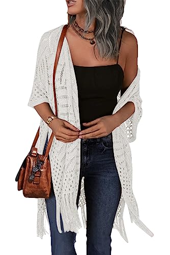 Image of HOTOUCH Womens Knit Cardigan Hollow Out Crochet Lightweight Kimonos Sweater | Open Front Cardigans with Tassel, Short Sleeve Boho Cardigan Sweaters, Beach Coverups, Spring Summer Clothes, Vacation Outfit