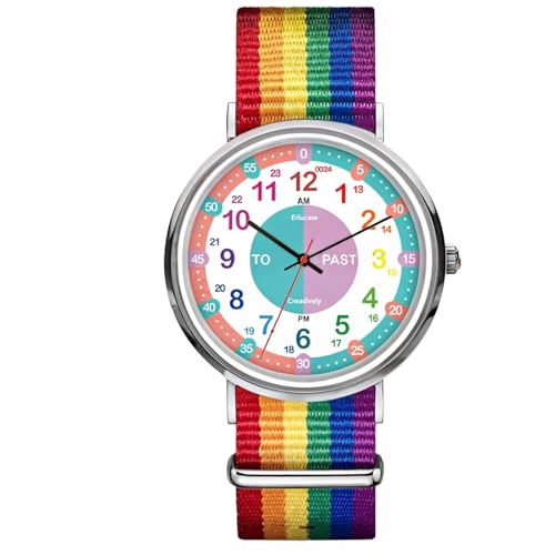 Analog Watch for Kids with Rainbow Strap, Time-Telling Made Easy with Color-Coded Numbers