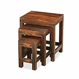 1. 3 tables gigognes en bois massif fabriquées en 100 % bois de sheesham (également connu sous le nom de palissandre), avec des détails indiens jali en fonte pour lui donner un design inspiré de Jali. 2. Fabriqué par le premier fabricant indien de meubles. 3. Dimensions : 40 x 45 x 30 cm. Finition bois miel