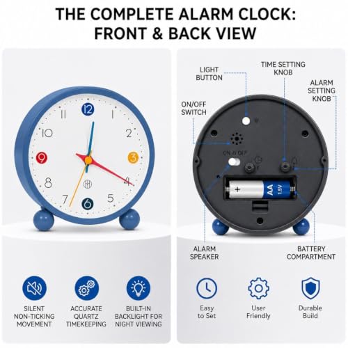 Image of RUCON Twin Bell Alarm Clock for Bedroom | Super Loud Analog Alarm Clock for Heavy Sleepers | Night Light | Metal Table Clock for Home, Office & Kids (Blue Round)