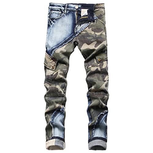 Men's Camo Patchwork Denim Jeans Distressed Patched Cargo Hip Hop Jeans Multi Pockets Washed Patches Jean