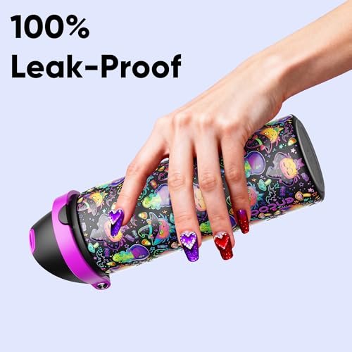 Image of Insulated Water Bottle with Straw - Encool Stainless Steel Water Bottle with Push Button Lid, Leak-Proof & BPA-Free, Keeps Cold for 24 Hours for Sports, Travel, Gym (24 oz, Meowgic Night)