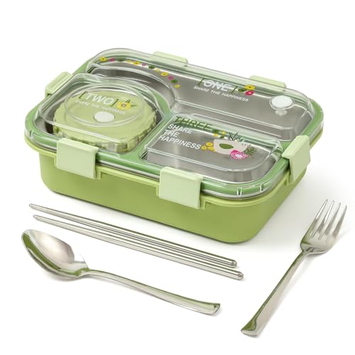 Image of Brand Conquer Lunch Box 3 Compartment Leak-Proof BPA Free Stainless Steel for School, Lunch Box for School & Office with a Fork, a Spoon and a Pair of Chopsticks (Classic Green, Happiness Kawaii)