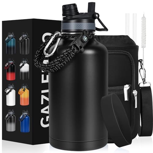 Image of GAZLEMHO Insulated Water Bottle 64 oz, Half Gallon Water Jug Cold 48H, BPA Free Stainless Steel Bottles with Straw /Chug 2-in-1 Lid, Bag, Paracord Handle, Silicone Boot, Sports Gym School Metal Flask