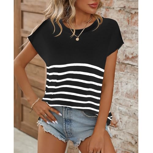 Blostirno Womens Cap Sleeve Sleeveless Sweater Summer Casual Crewneck Striped Knit Vest Loose Fit Pullover Tops2