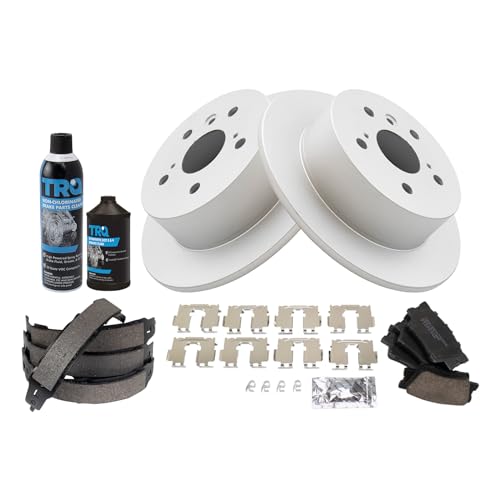 Image of TRQ Rear Brake Pad & Rotor Kit, with Chemical Kit Parking Brake Shoe Set Ceramic Premium G-Coated Compatible with 2013-2018 Lexus ES300h ES350 Toyota Avalon 2012-2017 Camry